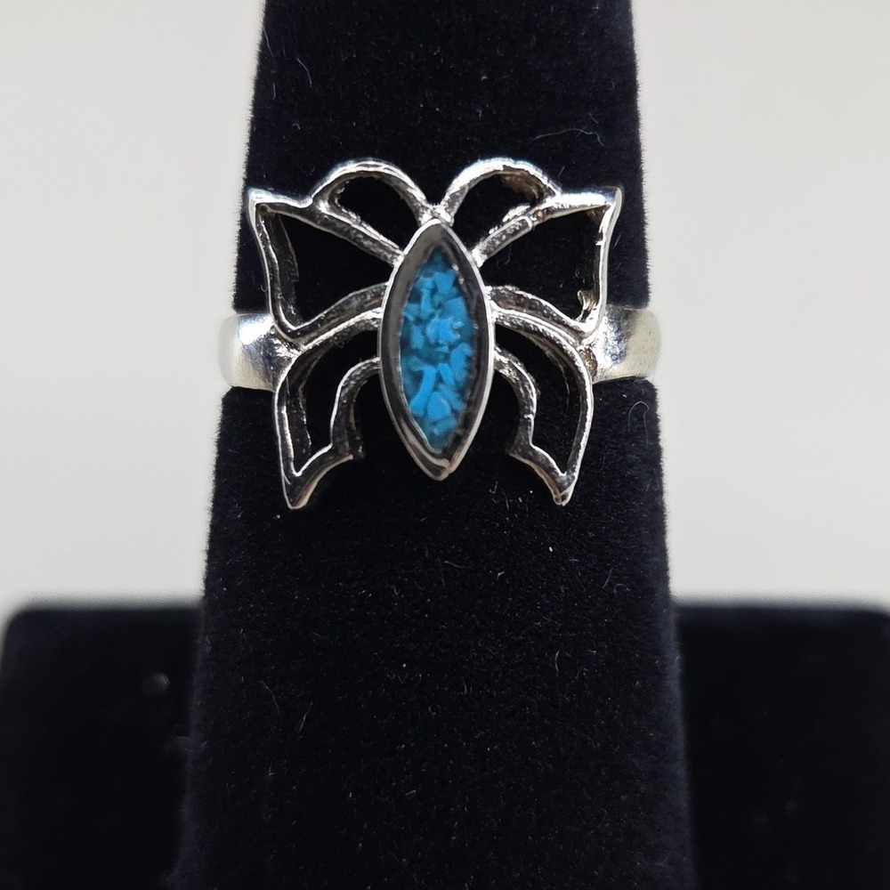 Silver Tone Butterfly Blue Faux‎ Turquoise Chip Inlay Insect Ring Size 7.25